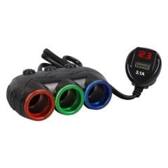 Olesson 1633 12-24V Tek USB Girişli 120W 80cm Kablolu Dijital Voltaj Ekranlı 3'lü Araç Çakmak Çoklayıcı