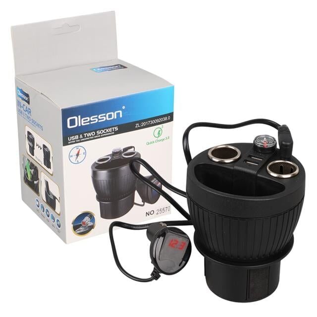 Olesson 1640 12-24V Çift USB Girişli 120W 80cm Kablolu Dijital Voltaj Ekranlı 2'li Araç Çakmak Çoklayıcı
