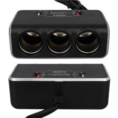 Olesson 1639 12-24V Çift USB Girişli Hızlı Şarj Destekli 120W 80cm Kablolu Dijital Voltaj Ekranlı 3'lü Araç Çakmak Çoklayıcı