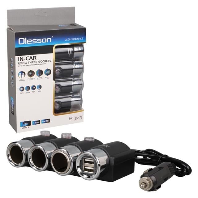 Olesson 1508 12-24V Çift USB Girişli 120W 80cm Kablolu 3'lü Araç Çakmak Çoklayıcı