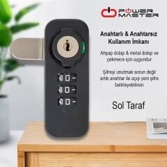 PowerMaster PM-26725 3 Haneli Şifreli Ve Anahtarlı Mekanik Siyah Çekmece Dolap Kilidi (Sol)