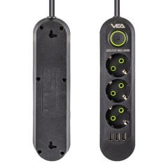 VEA VA-21557 3'LÜ 1.5 METRE KABLOLU 3 USB'Lİ SİYAH AKIM KORUMALI PRİZ (D-52)