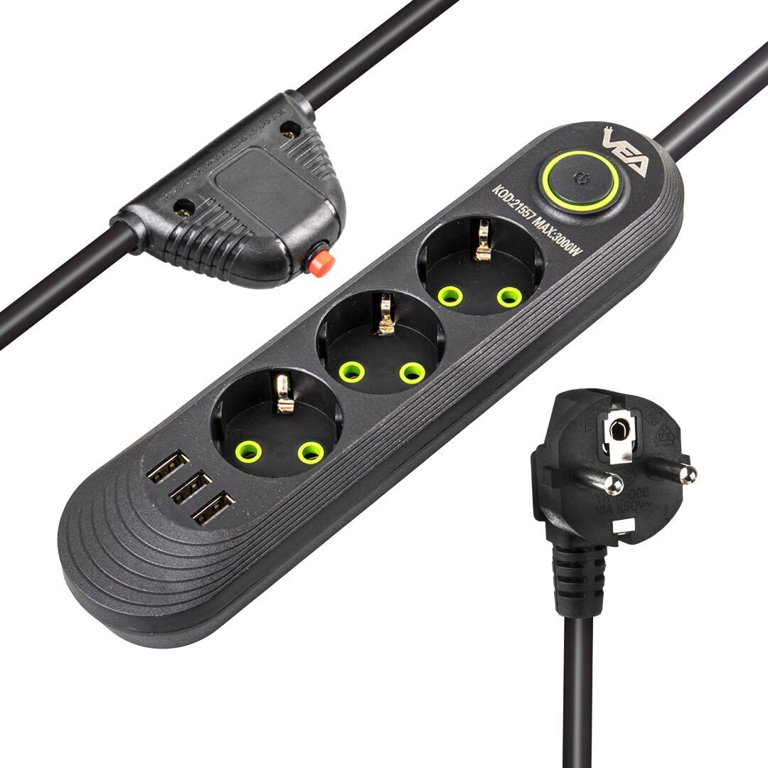 VEA VA-21557 3'LÜ 1.5 METRE KABLOLU 3 USB'Lİ SİYAH AKIM KORUMALI PRİZ (D-52)