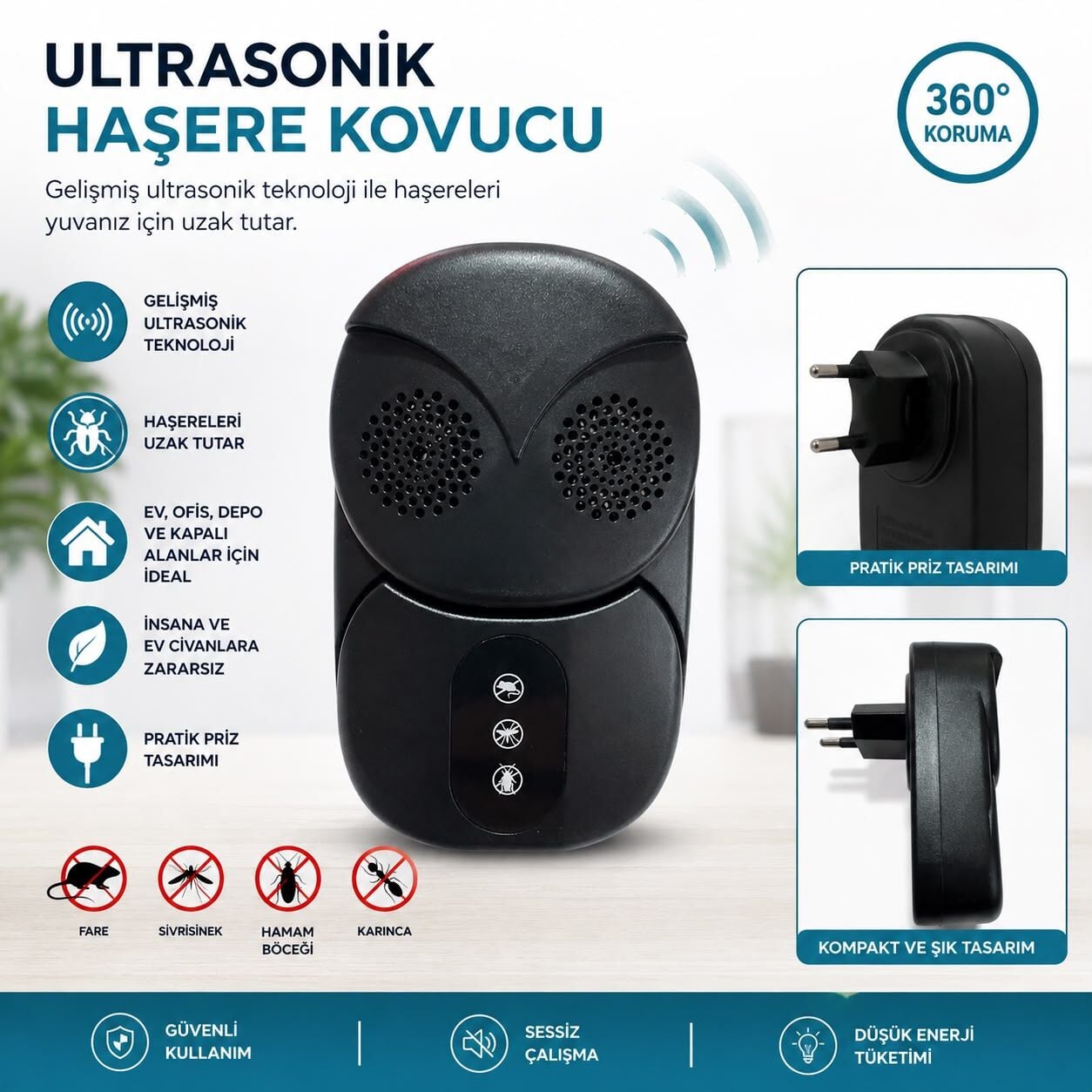HK005 Priz Tipi Ultrasonic Haşere Kovucu Çift Sensör