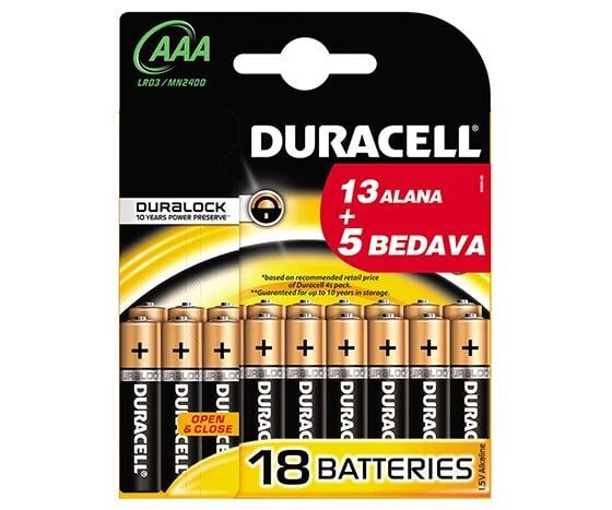 DURACELL AAA İNCE PİL (18'Lİ 13+5 PAKET FİYATI)