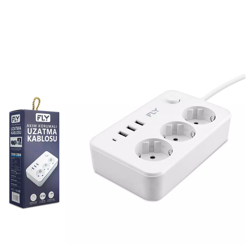 Fly 3406-01 Termal Akım Korumalı Uzatma Kablosu 3*Priz 3*Usb + Anahtar 2.1A 2M Beyaz