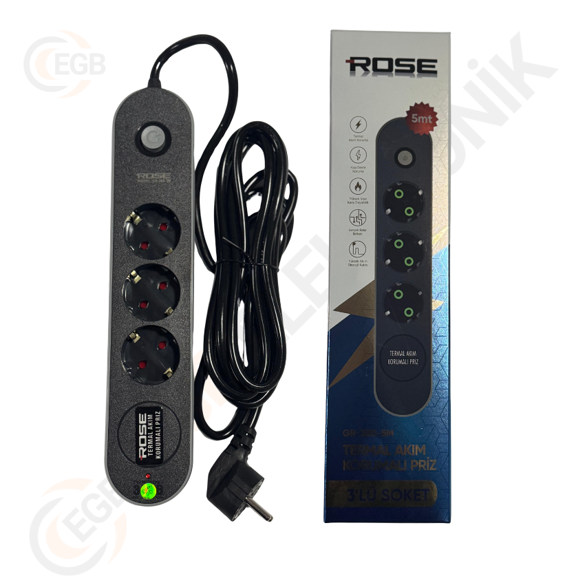 Rose GR-3005M 3'Lü 5 Metre 16A Akım Korumalı Priz