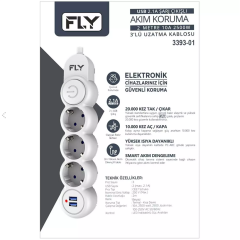 Fly 3393-01 Termal Akım Korumalı Uzatma Kablosu 3*Priz 2*Usb + Anahtar 2.1A 2M Beyaz