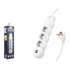 Fly 3393-01 Termal Akım Korumalı Uzatma Kablosu 3*Priz 2*Usb + Anahtar 2.1A 2M Beyaz