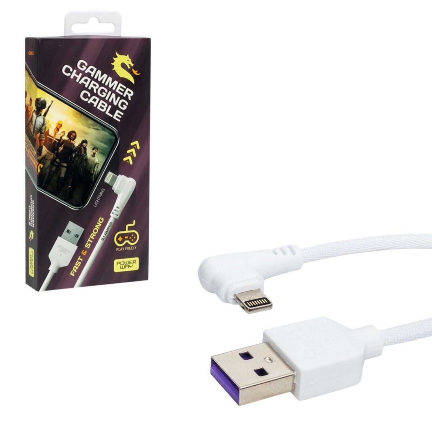 POWERWAY GM-3 Oyuncu Şarj Kablosu İphone Beyaz 1 Metre Örgülü