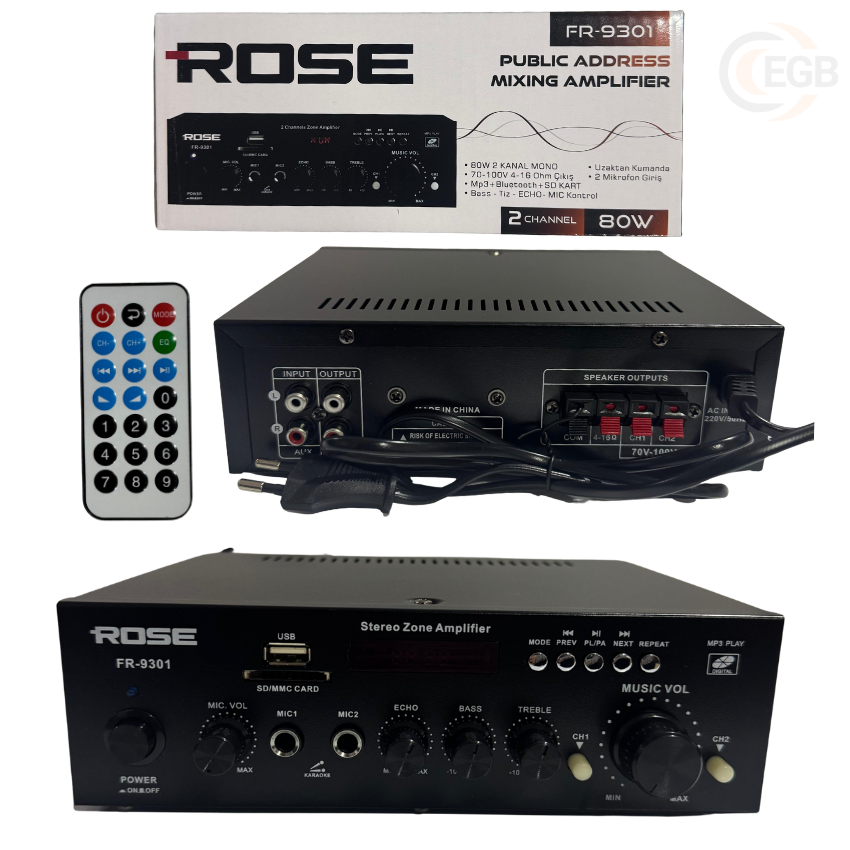 Rose FR-9301 80W 2 KANAL MONO ANFİ 2 Mikrofon Giriş