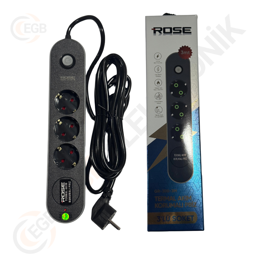 Rose GR-3003M 3'Lü 3 Metre 16A Akım Korumalı Priz