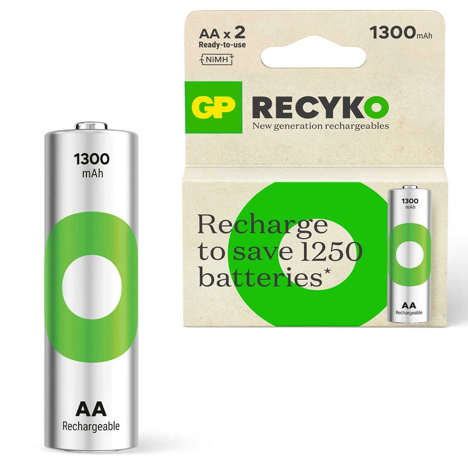 GP RECYKO GP130AAH Şarjlı Pil AA Kalem 1300 Mah Ni-Mh 2Li Paket