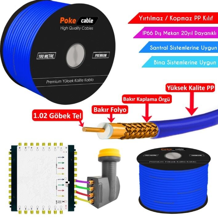 Dış Mekan PP Anten Kablosu Gold RG6/U4 64Tel 1.02 Mavi 100mt