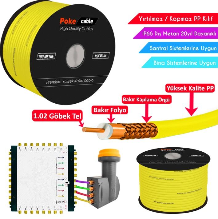 Dış Mekan PP Anten Kablosu Gold RG6/U4 64Tel 1.02 Sarı 100mt