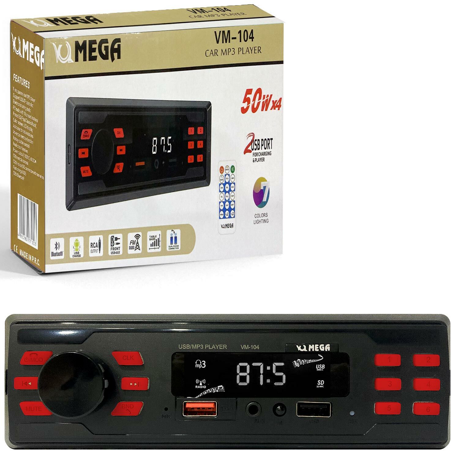 MEGA VM-104 Oto Teyp 4X50 Watt Bluetooth 2xUsb Sd Fm Aux 7 Renk