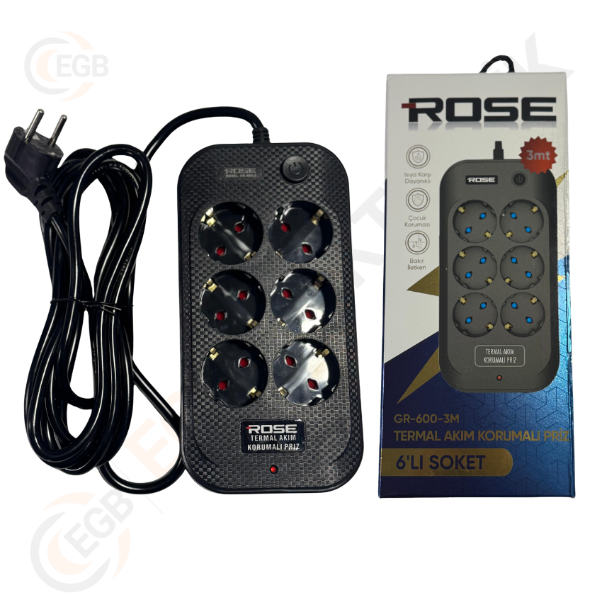 Rose GR-6003M 6'Lı 3 Metre 16A Akım Korumalı Priz