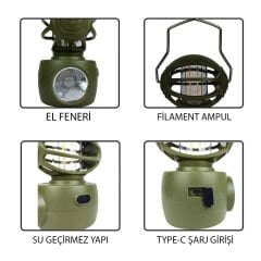 POWERMASTER LF-3328A 30 WATT POWER VE FİLAMENT LED KAMP LAMBASI ŞARJLI TYPE-C 155X115X85MM