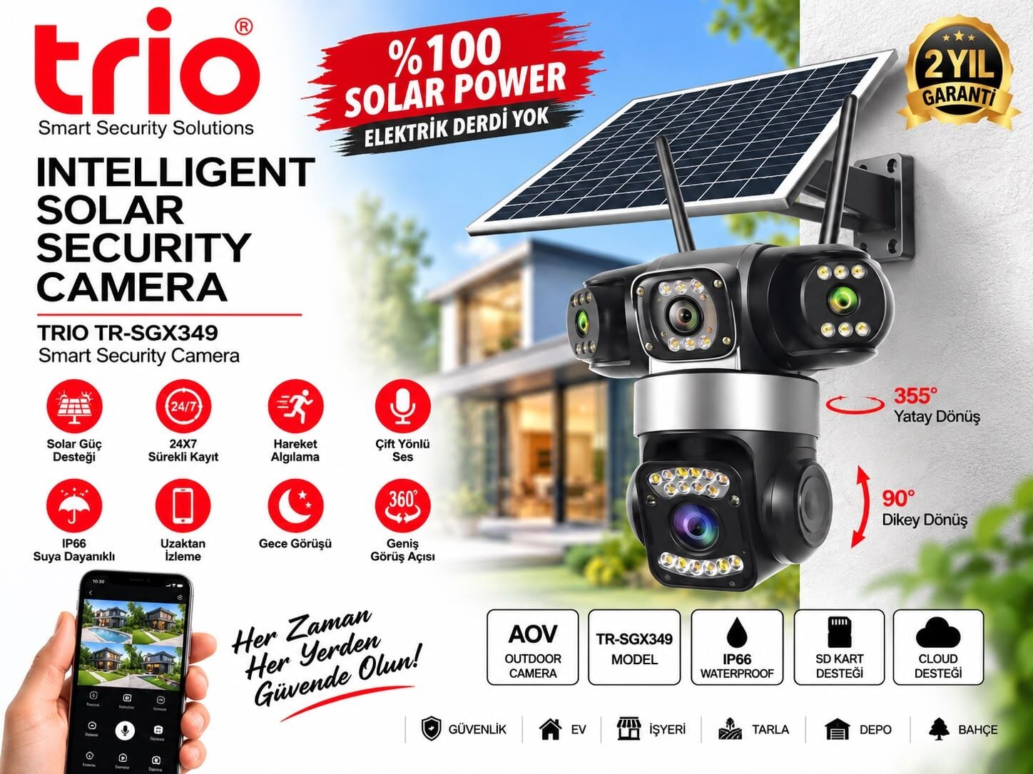 TRIO TR-SGX349 4G Sim Güneş Enerjili Triple Lens PTZ Güvenlik Kamerası Gece Görüşlü