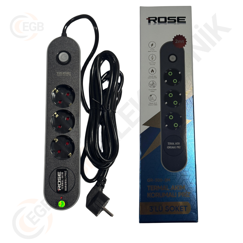 Rose GR-3002M 3'Lü 2 Metre 16A Akım Korumalı Priz