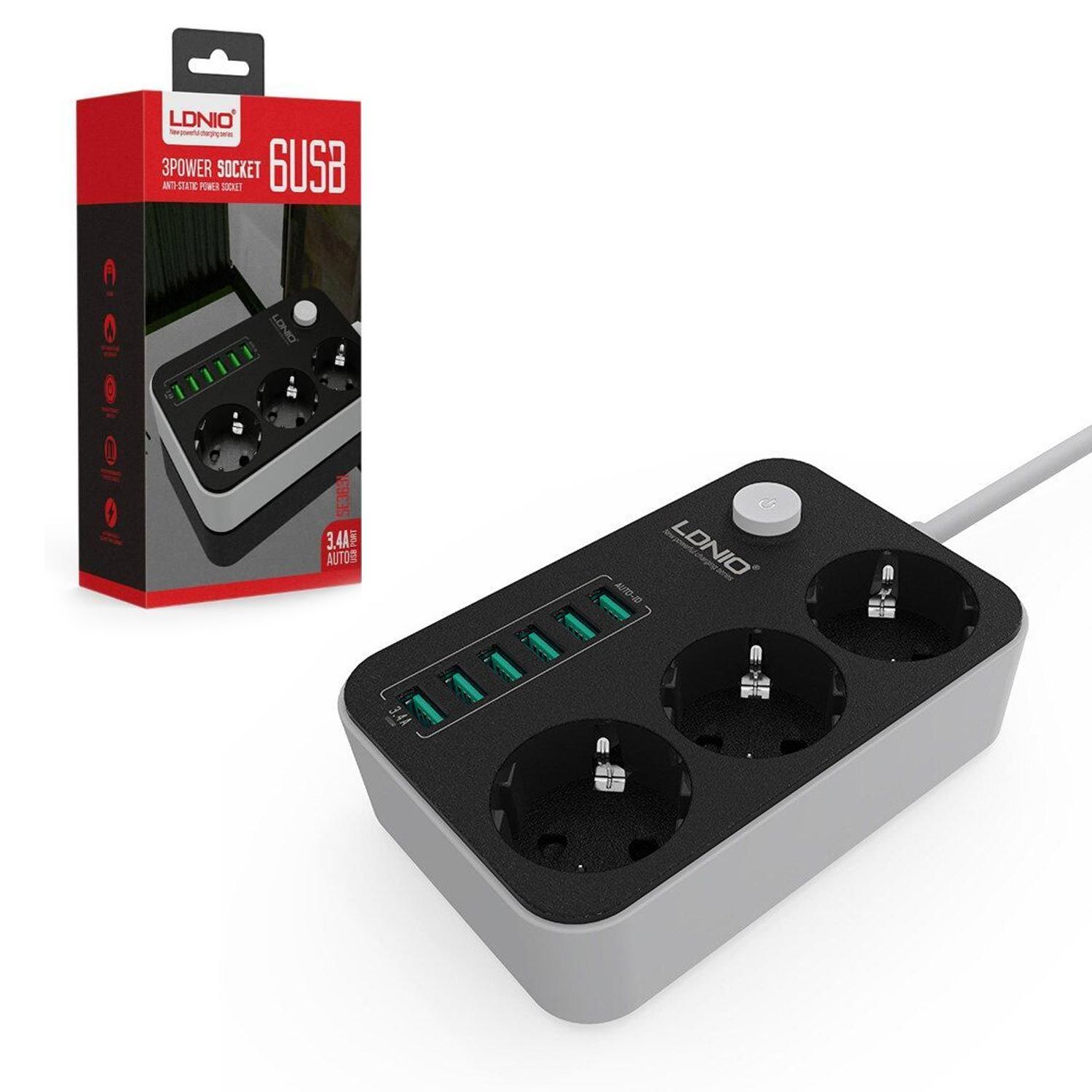 LDNIO SE-3631 3Lü Akım Korumalı Priz 1.5 Metre Anahtarlı 6XUSB