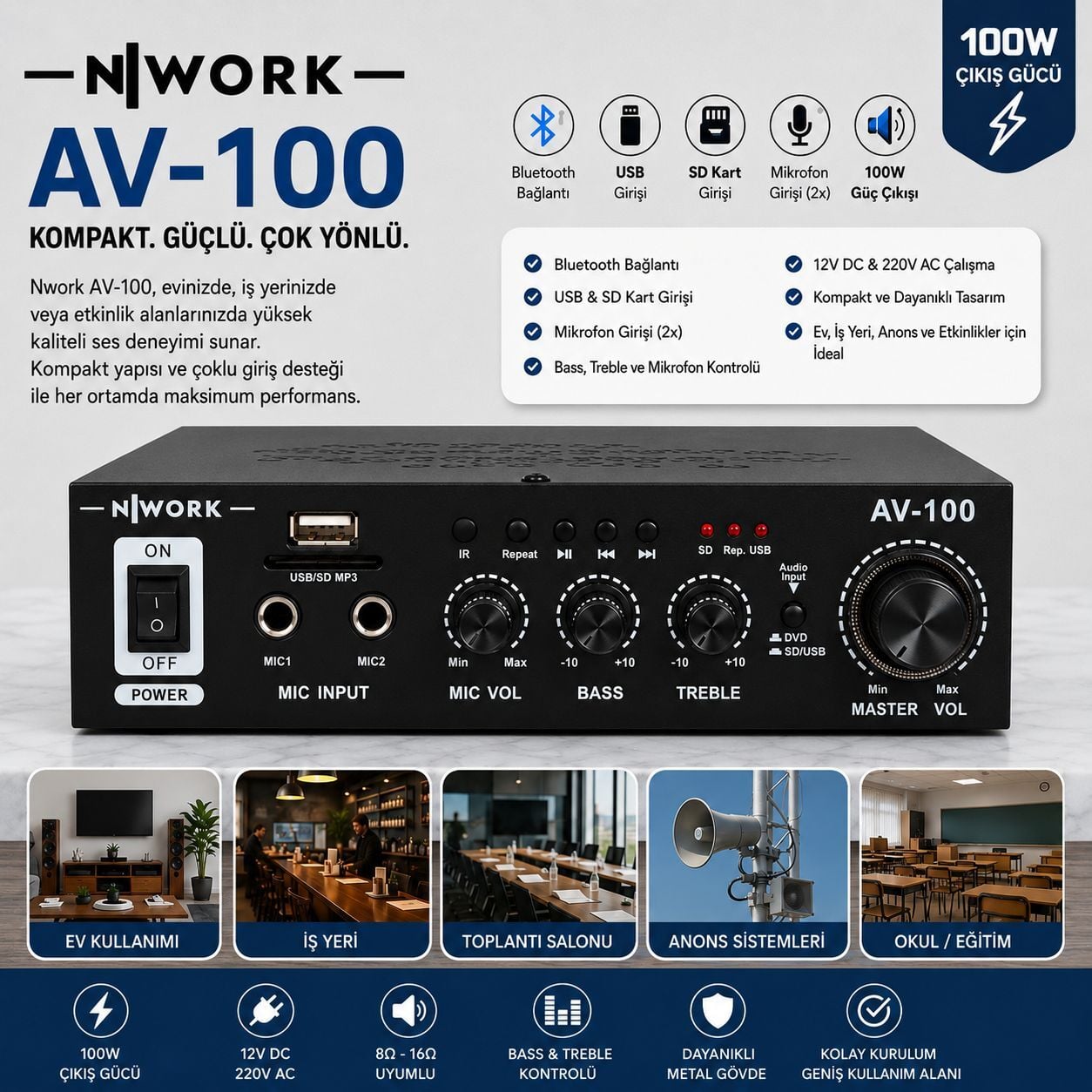 NWORK AV-100 Amfi 100 Watt 12V/220V Bluetooth USB SD
