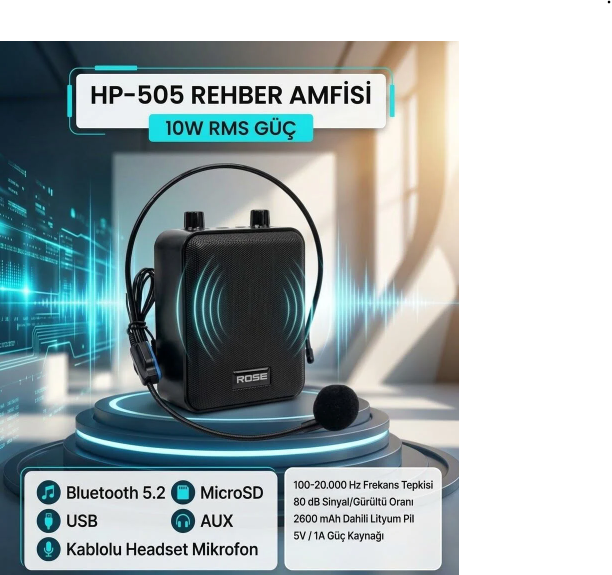 Rose NOVA HP-505K Taşınabilir Şarjlı Mini Rehber Amfisi Kablolu HeadSet Mikrofonlu