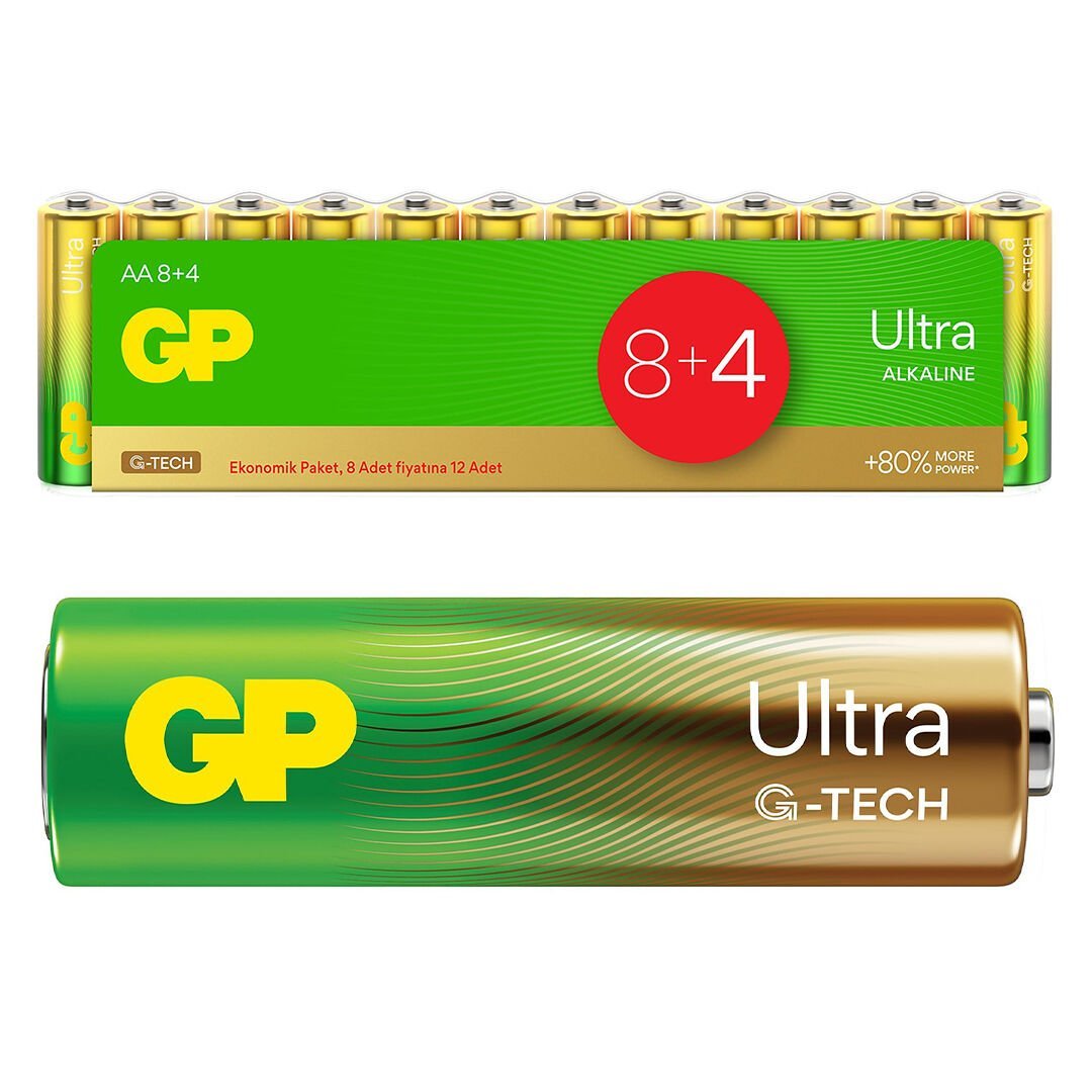 GP G-TECH 8+4 12Lİ PAKET AA ALKALİN KALEM PİL (8 ADET FİYATINA 12 ADET PİL)