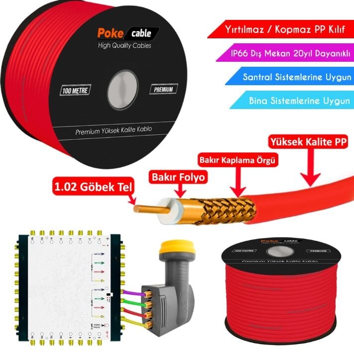 Dış Mekan PP Anten Kablosu Gold RG6/U4 64Tel 1.02 Kırmızı 100mt