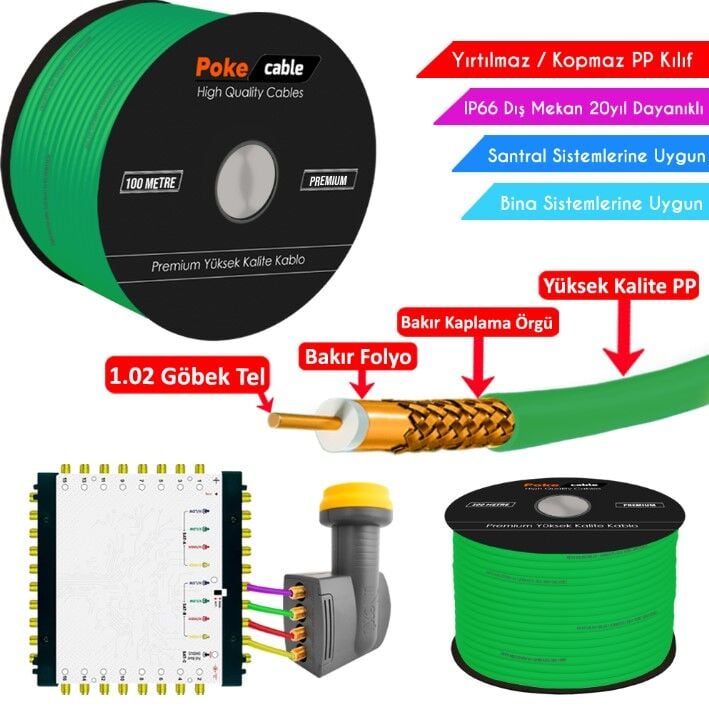 Dış Mekan PP Anten Kablosu Gold RG6/U4 64Tel 1.02 Yeşil