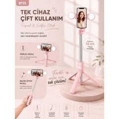 B11S Bluetooth Kumandalı Selfie Çubuğu ve Tripod Pembe