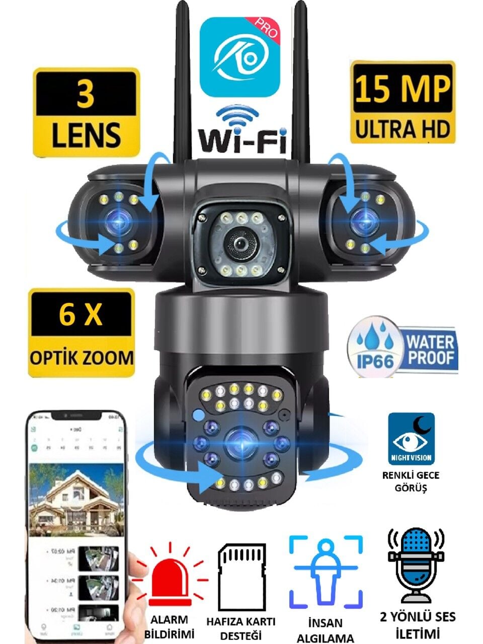 O-KAM 6030 3 Kamera 3 Görüntü 15MP (3MP+3MP+3MP) Gece Görüş Wifi Sesli Konuşma Türkçe
