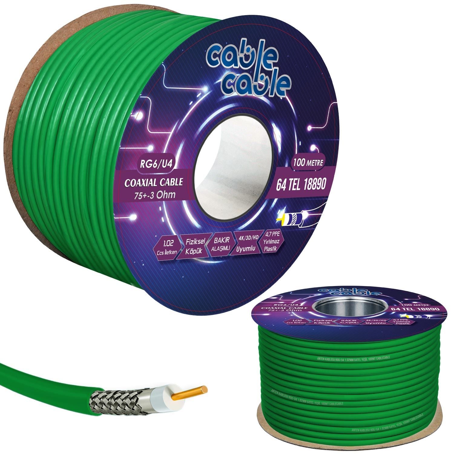CABLECABLE Anten Kablosu Rg6 U4 1.02mm 64 Tel beyaz  100 Metre