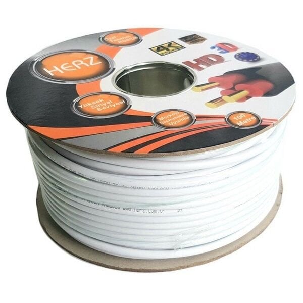 HERZ HR-1002 RG6/U4 GÜMÜŞ BEYAZ UYDU ANTEN KABLOSU 100 METRE
