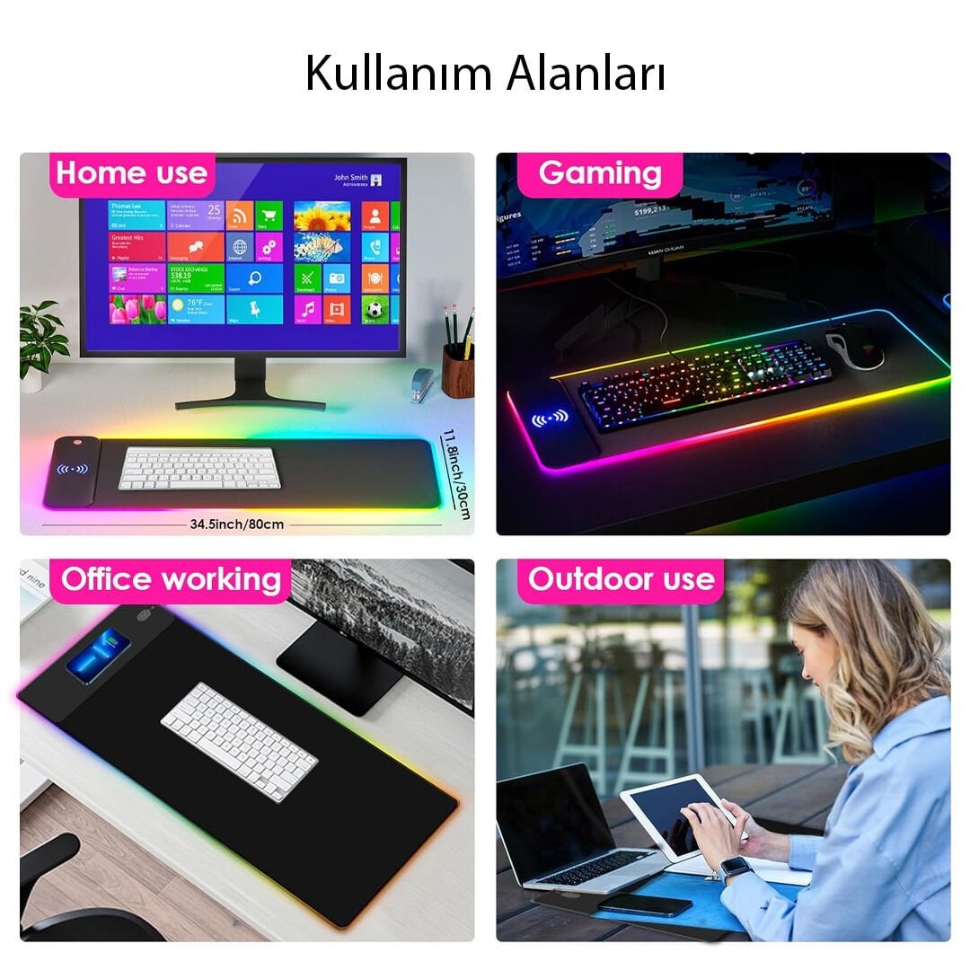 POWERMASTER PM-25115 XL RGB GAMİNG MOUSE PAD WIRELESS TELEFON ŞARJ DESTEKLİ 14 MODLU 300X800X4MM