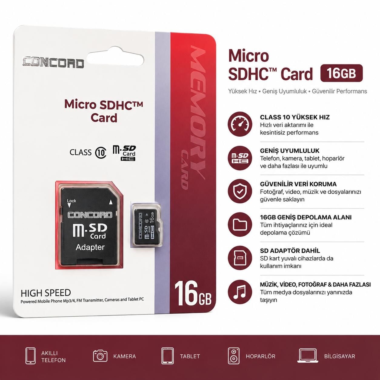 CONCORD C-M16 Hafıza Kartı Micro Sd 16GB Class10