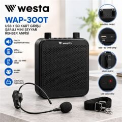 Westa WAP-300T USB + SD Kart Girişli Şarjlı Mini Seyyar Kablosuz Mikrofonlu Rehber Anfisi
