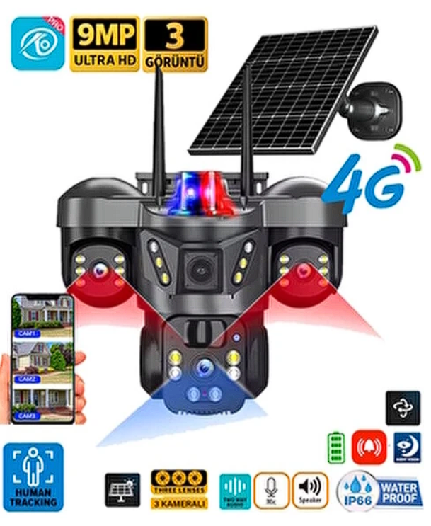 O-KAM 8050 3 LENS 4G SOLAR KAMERA MAVİ KIRMIZI IŞIKLI