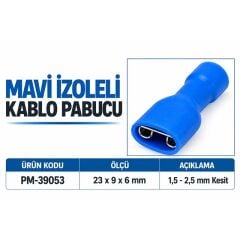 PowerMaster PM-39053 1,5-2,5mm2 Kesit 24x9x6mm Soket Mavi İzoleli Kablo Pabucu (100'lü Paket)