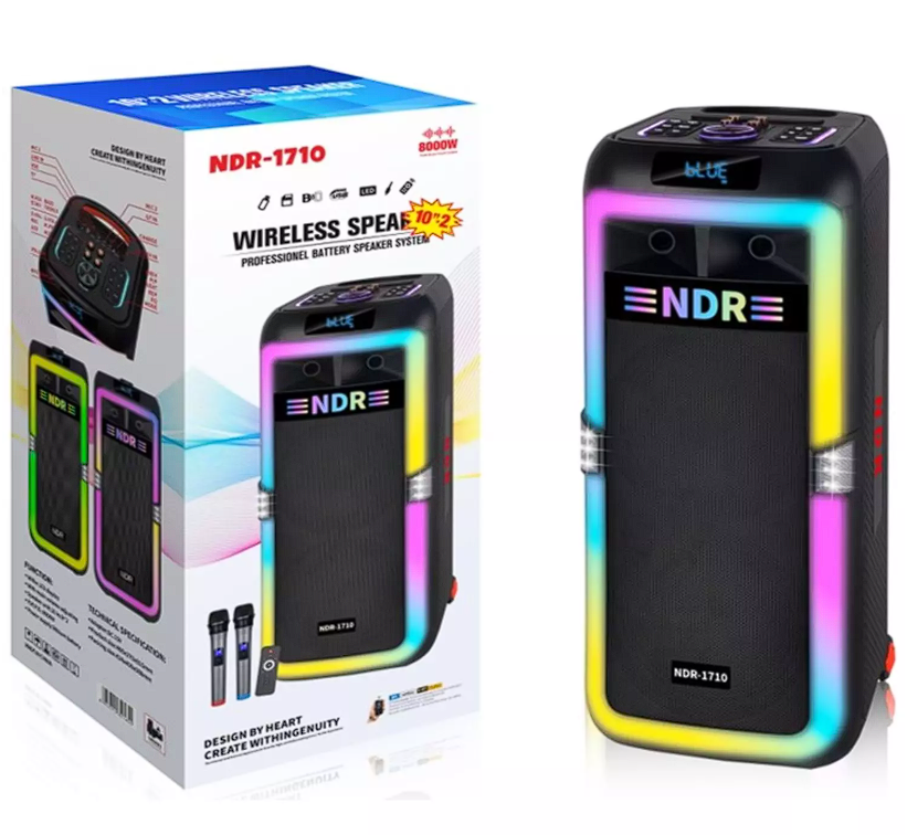 NODAR NDR1710 Bluetooth Kabin Hoparlör FM 2 x 10'' LED li Çift Mikrofonlu Kumandalı 40 x 37 x 91.5 cm - Siyah