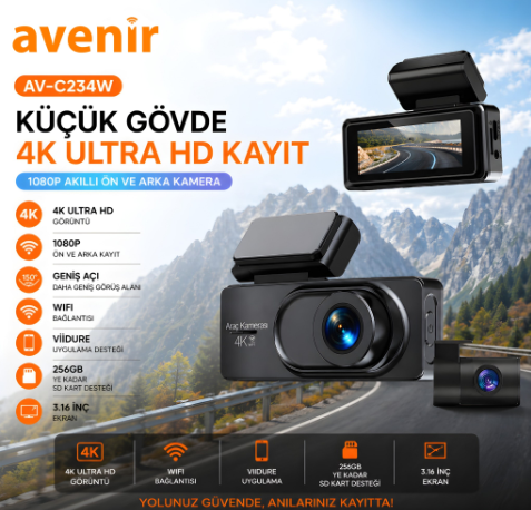 Avenir AV-C234W 2 KAMERALI 4K WİFİLİ ARAÇ KAMERASI