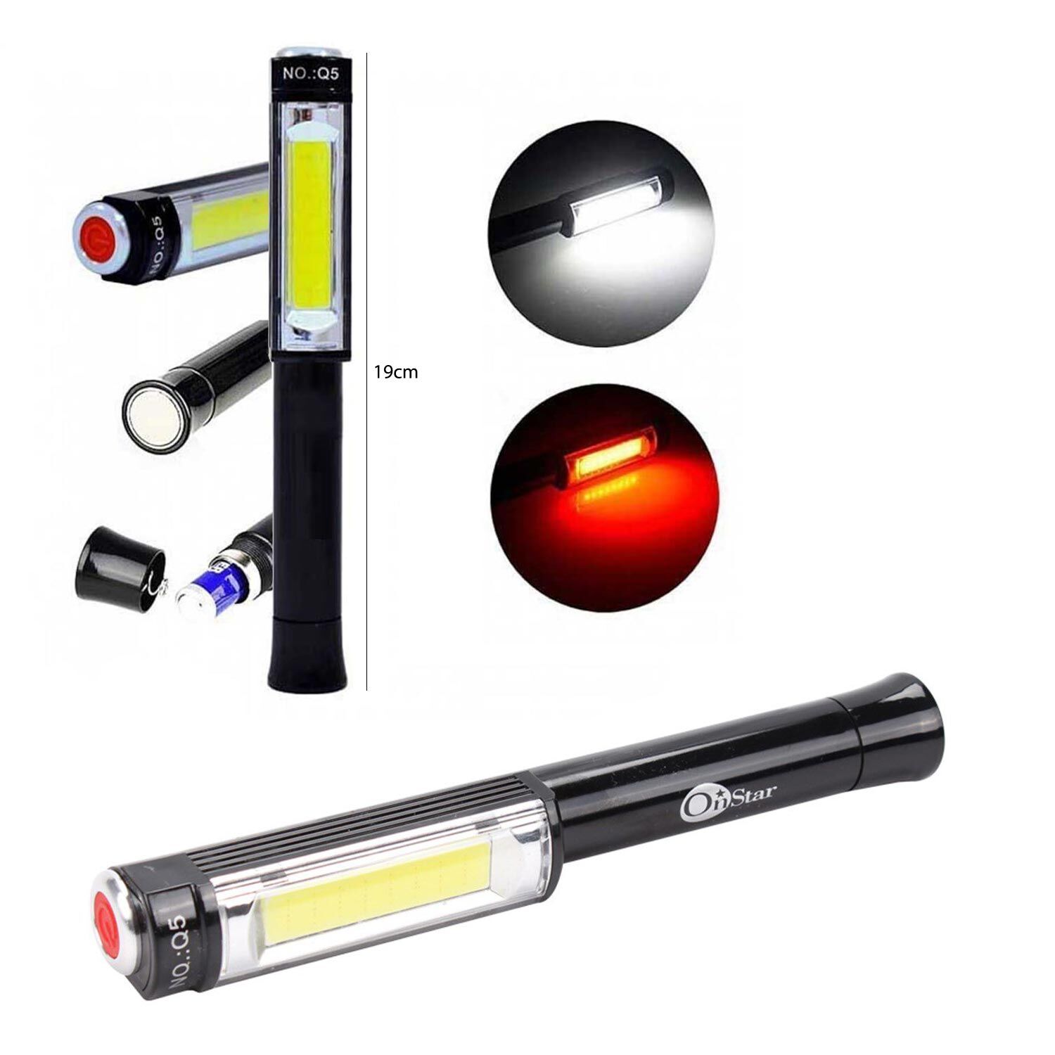 ONSTAR-Q5 El Feneri Pilli Kırmızı Flaşörlü Cob Led 5 Watt Mıknatıslı (E-34)
