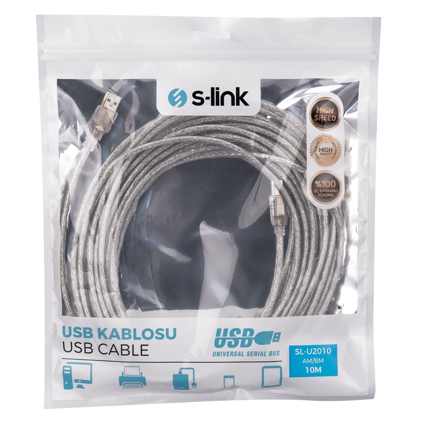 S-LINK SL-U2010 USB 2.0 10 METRE ŞEFFAF USB 2.0 YAZICI KABLOSU (KRD)