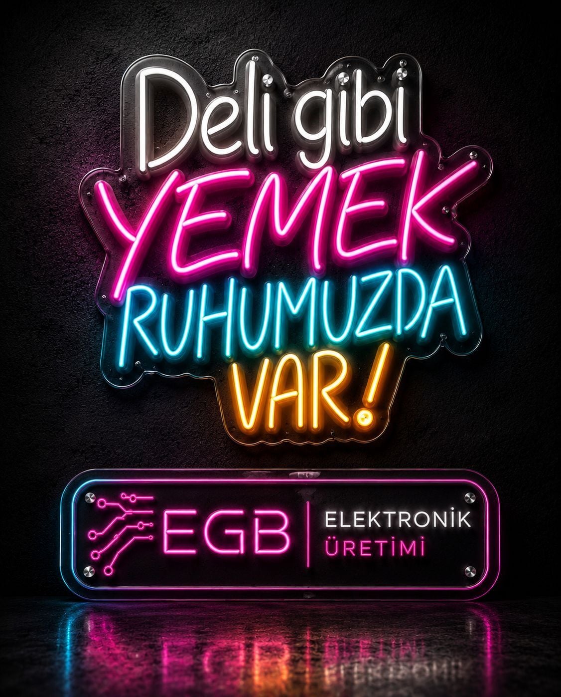 Deli gibi YEMEK ruhumuzda var! Neon LED Yazı 55x65 cm