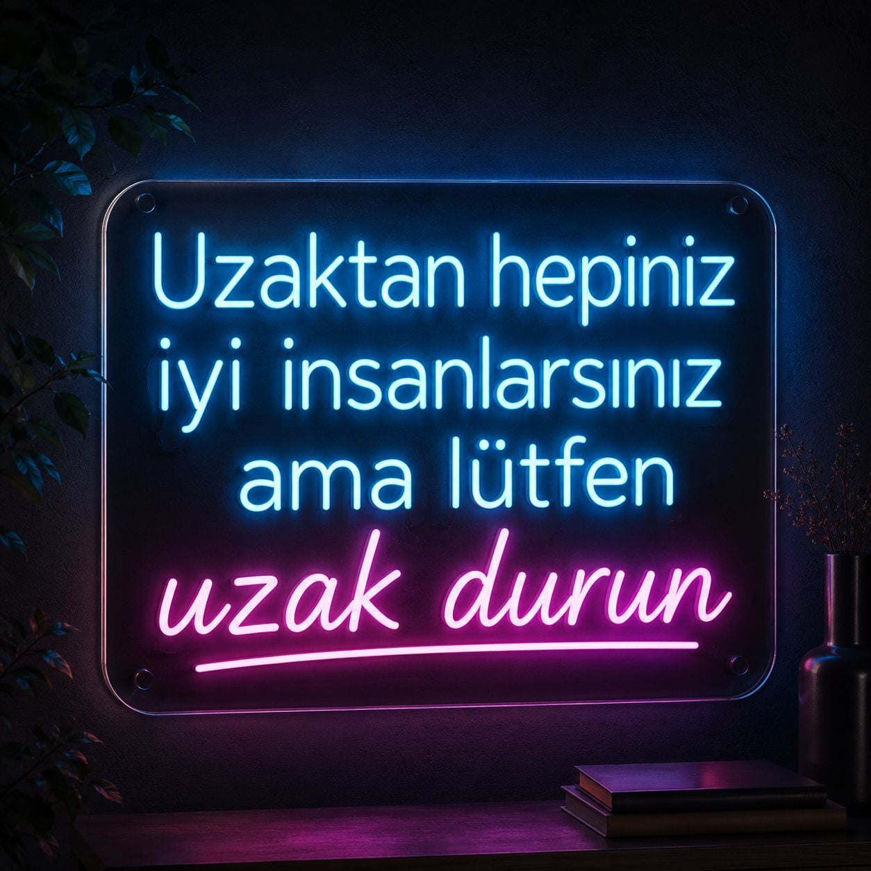 uzaktan hepiniz iyi insanlarsınız ama lütfen uzak durun Neon LED Yazı 60x40 cm