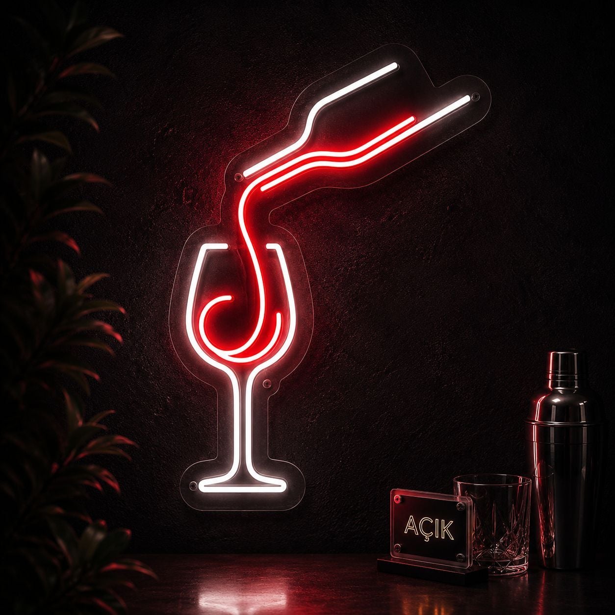 Kadehe Dökülen Şarap Neon LED Tabela 40x50 cm
