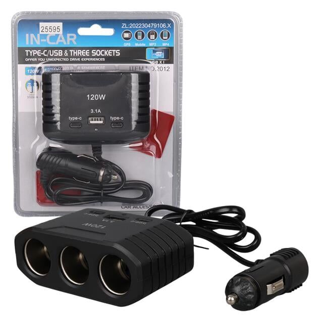 Olesson 2012 12-24V Çift TYPE-C - Tek USB Girişli 120W 80cm Kablolu 3'LÜ Araç Çakmak Çoklayıcı