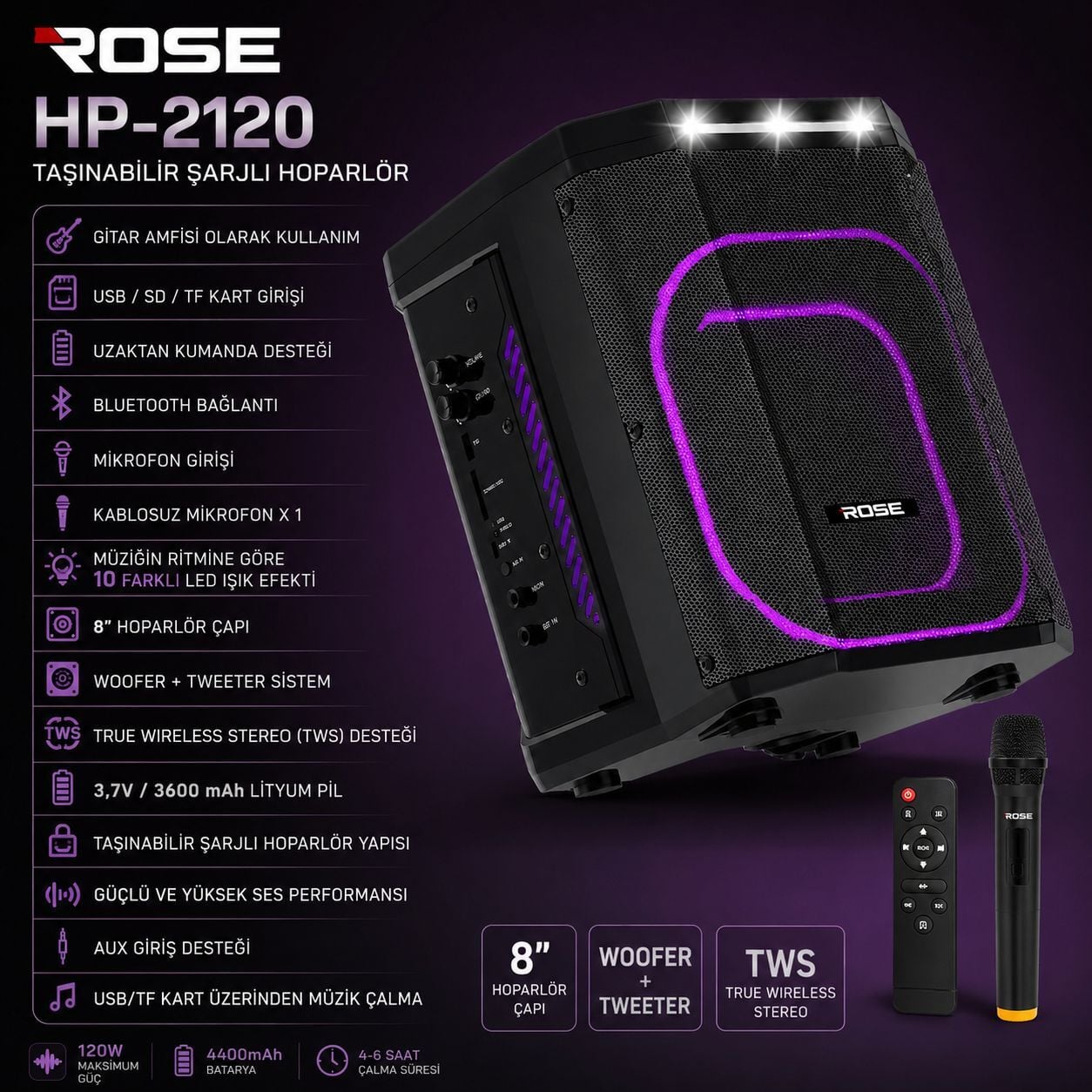 Rose HP-2120 Partybox Kablosuz El Mikrofonlu Sarjlı Bluetooth 8' Hoparlör