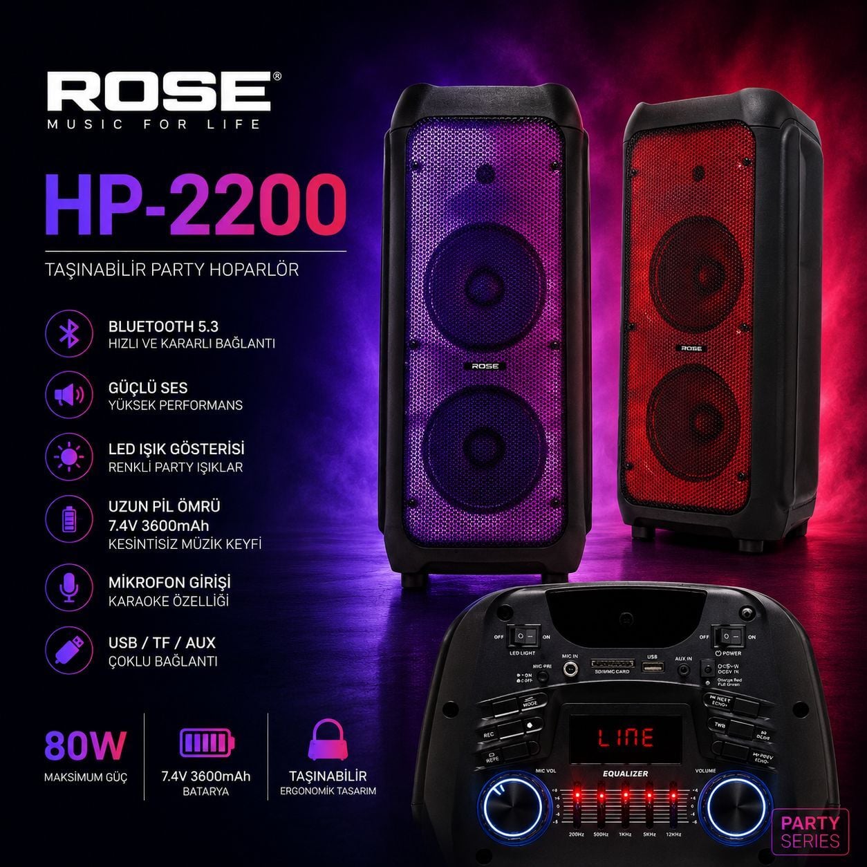 Rose hp-2200 Partybox Kablosuz El Mikrofonlu Sarjlı Bluetooth Dual 6.5' Hoparlör