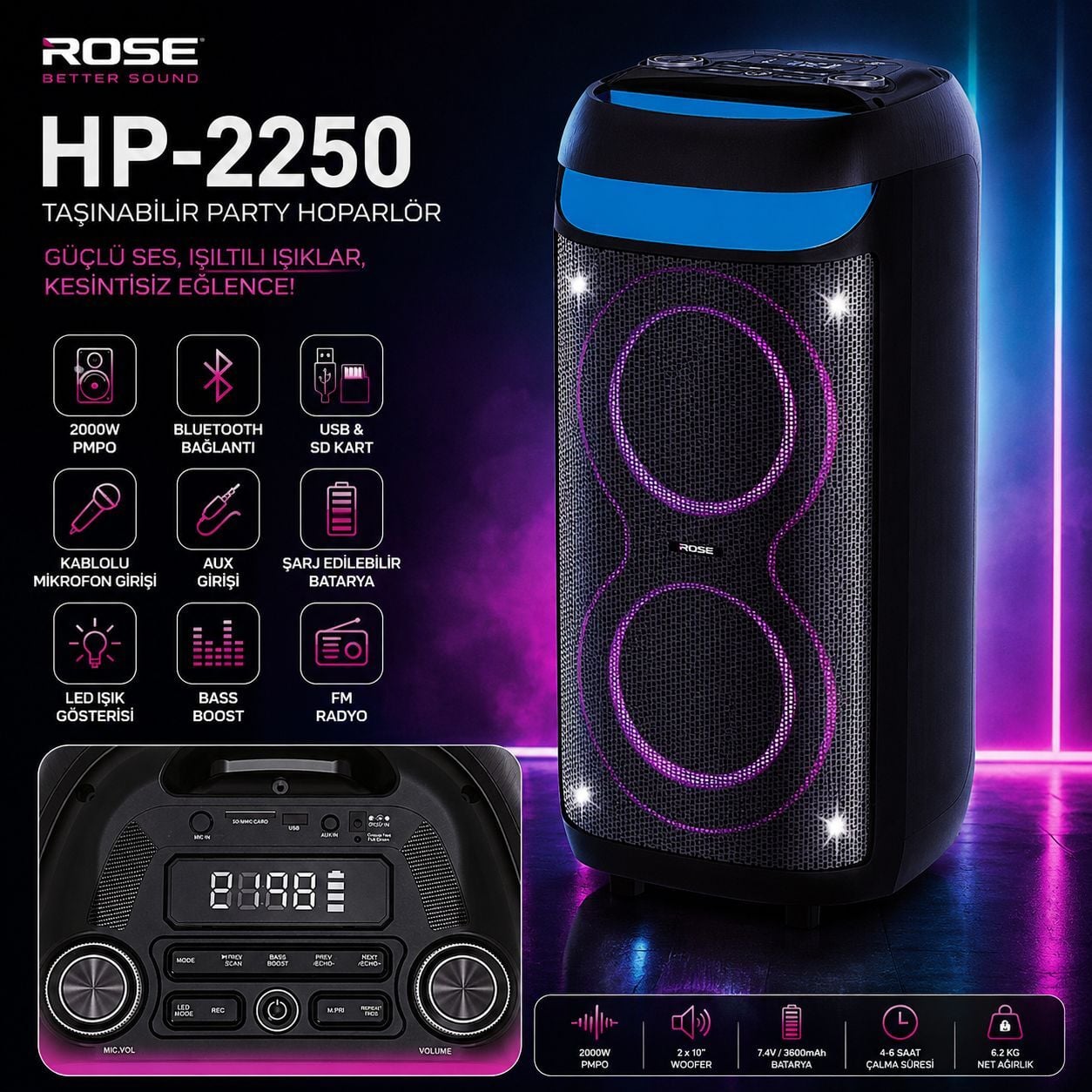 Rose HP-2250 Partybox Kablosuz Çift El Mikrofonlu Sarjlı Bluetooth Dual 8' Hoparlör
